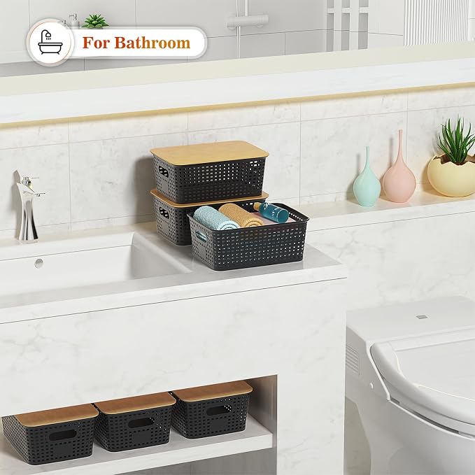 Ohmlove Plastic Storage Baskets With Bamboo Lid - Plastic Storage Containers Stackable Storage bins: Storage Baskets for Organizing Shelves Drawers Desktop Closet Playroom Classroom Office, 6 Pack - Image 7