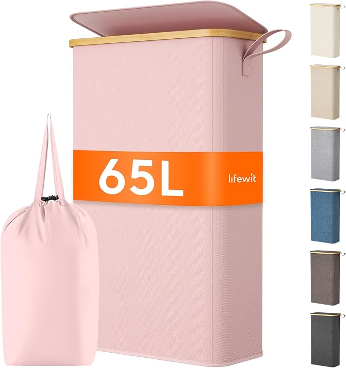 Lifewit 65L Slim Laundry Hamper with Lid, Narrow Laundry Basket with Removable Bag & Bamboo Handles, Fodable Thin Dirty Clothes Hamper for Laundry Collapsible Bin for Bathroom Bedroom Dorm, Pink by Lifewit