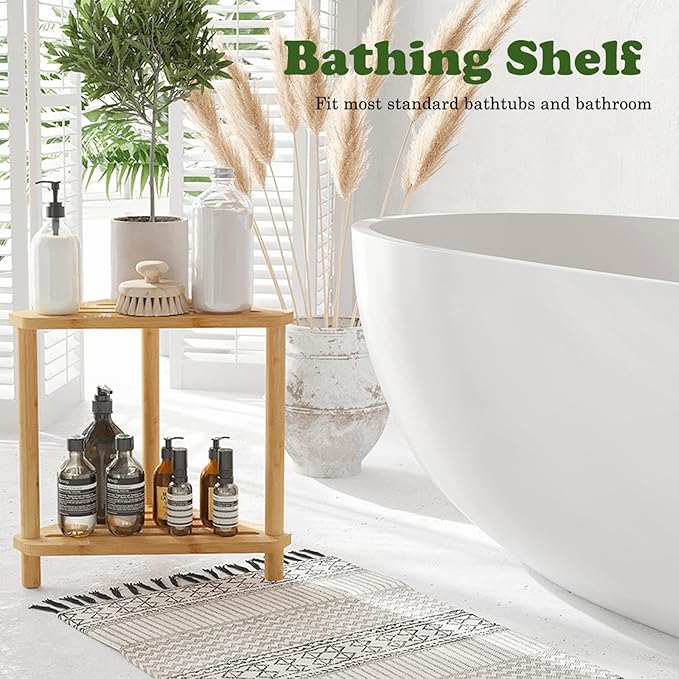 Bamboo Corner Shower Stool,2-Tier Waterproof Shower Stool for Inside Shower Shaving Leg,Small Spaces,Shower Foot Rest with Storage Shelf,Shower Bench,Bath Seat,Corner Nightstand gift for women mom - Image 4