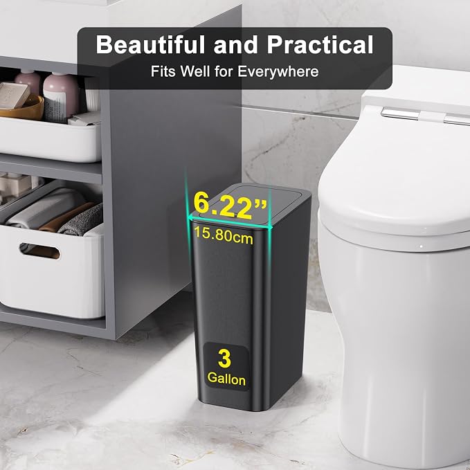 N. NETDOT 3 Pack 3 Gallon Small Trash Can with Lid, Bathroom Garbage Can with Pop-Up Lid, Waste Basket for Bathroom, Kitchen, Bedroom, Powder Room, Craft Room, Office, College (Black) - Image 2