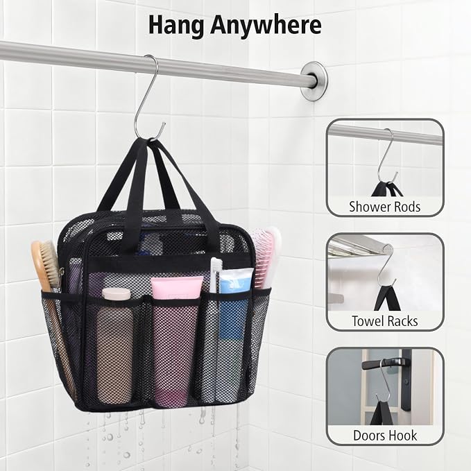 F-color Mesh Shower Caddy Portable with Zipper - Upgrade Deeper 7 Pockets Dorm Room Essentials for Guys Girls with S Hook, Shower Bag Basket Tote for College Camping Toiletry Bathroom, Black - Image 7