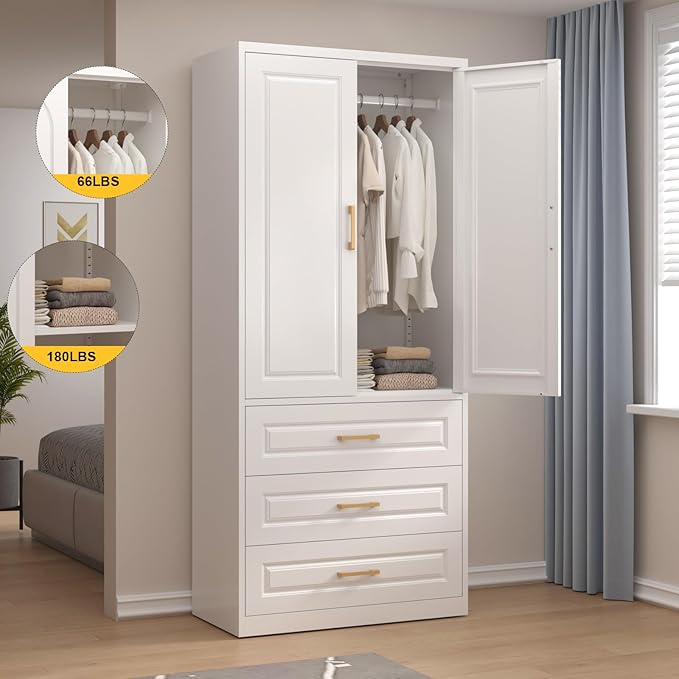 SteeLoong 71" Metal Armoire Wardrobe Closet with 3 Drawer，Tall Clothing Storage Cabinet with Adjustable Shelves and Hanging Rod,White Wardrobe Closet for Bedroom,Home,Office,Gym