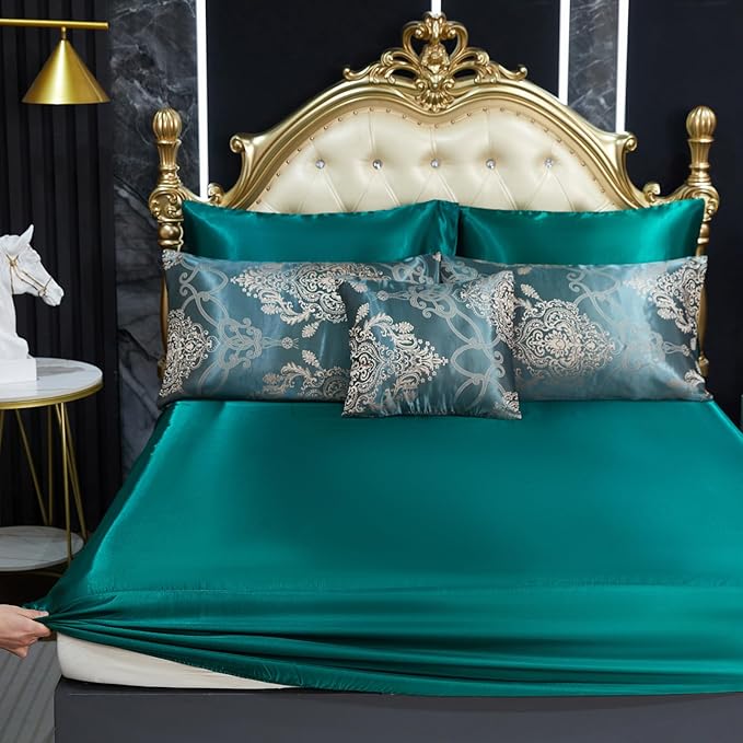 Green Jacquard Queen Comforter Set Sheet Set Elegant Bedding Set 8 Pcs Embroidery Neoclassical Floral Pattern Bed Home Decor Soft Down Comforter Luxury Hotel Silky Bed in a Bag with 1 Cushion Cover