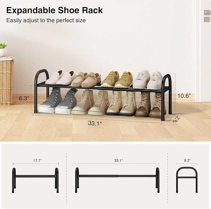 STO STO Expandable Shoe Organizer, 1-Tier Metal Shoe Rack for Closet, Up to 8 Pairs Adjustable Storage for Front Door Entrance, Free Standing Organizer for Entryway, Black - Image 3