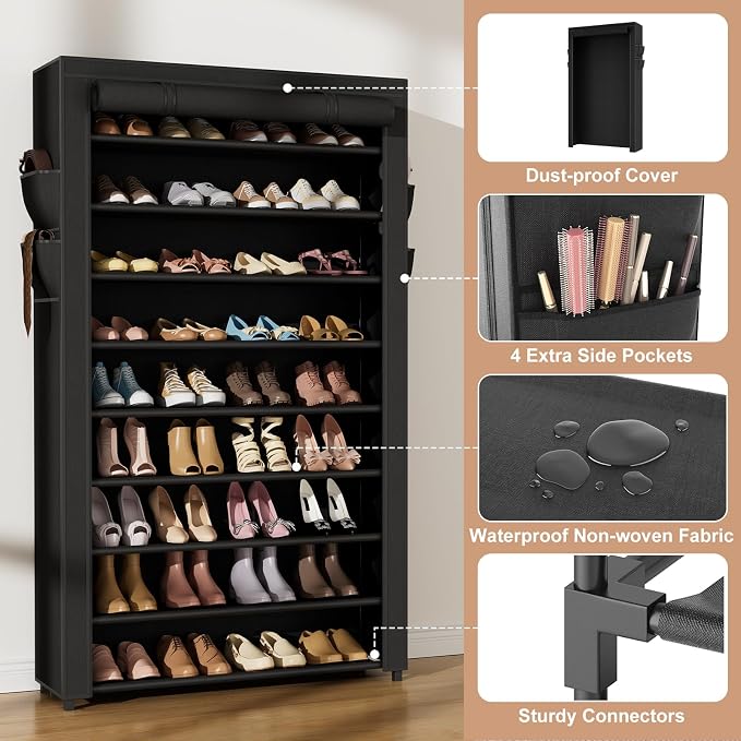 VILICK Shoe Rack with Cover Narrow Shoe Organizer with Pockets 10 Tier Tall Shoe Storage Holds 36-41 Pairs Shoes and Boots Shoe Rack for Closet Entryway Garage, Black - Image 4