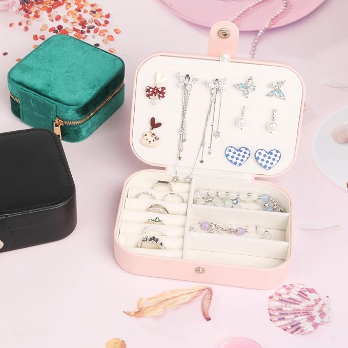 Travel jewelry case,Small Jewelry Box Organizer with Mirror, Gift for Women Girls,3.9"x3.9",Pink,1Pack - Image 8