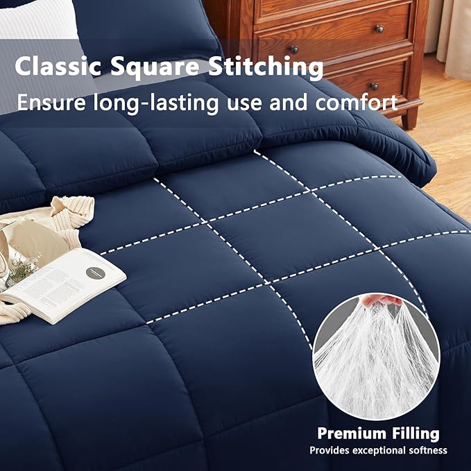 CozyLux King Comforter Set - Navy Blue Comforter King Size, 3 Pieces Box Stitched Bed Set for All Seasons, Soft Lightweight Bedding Sets with 1 Down Alternative Comforter and 2 Pillow Shams