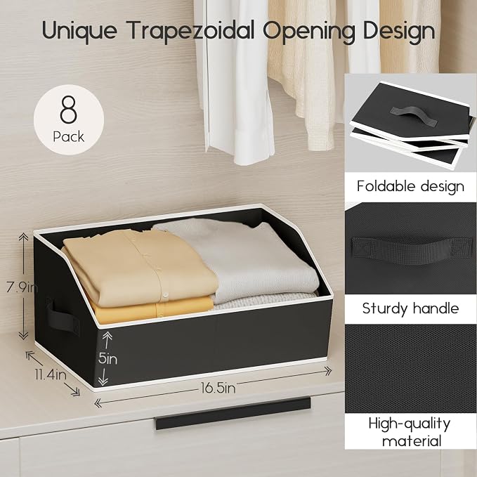 Homsorout Large Closet Organizers and Storage Bins - 8 Pack Trapezoid Storage Baskets for Shelves, Foldable Fabric Baskets with Handles Ideal for Closet, Basket, Wardrobe and Shelf Storage, Black - Image 2