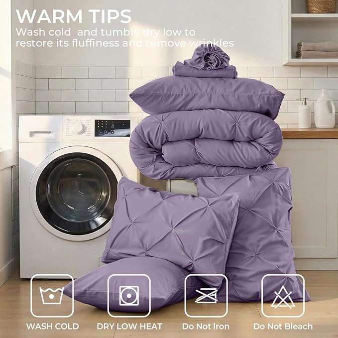 Sasttie Full Size Comforter Set, 7-Piece Bed in a Bag, Pintuck Bedding Set for All Season, Includes Comforter, Flat Sheet, Fitted Sheet, Pillowcases and Pillowshams, New Purple