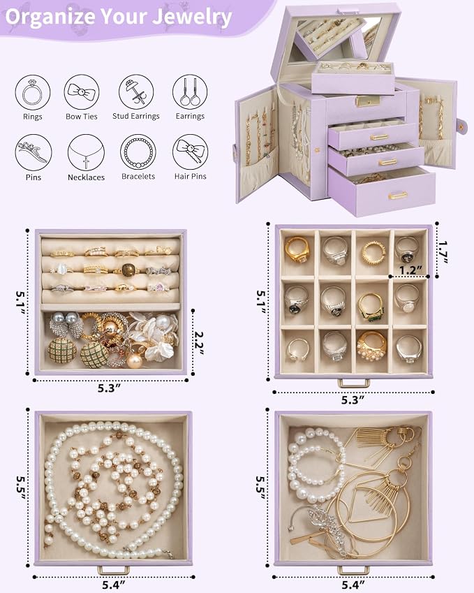 AKOZLIN 4-Tier Jewelry Box Leather Jewelry Storage Organizer with 3 Drawers Lockable for Women Girls Ring Necklace Earring Bracelet Holder with Mirror Purple - Image 3