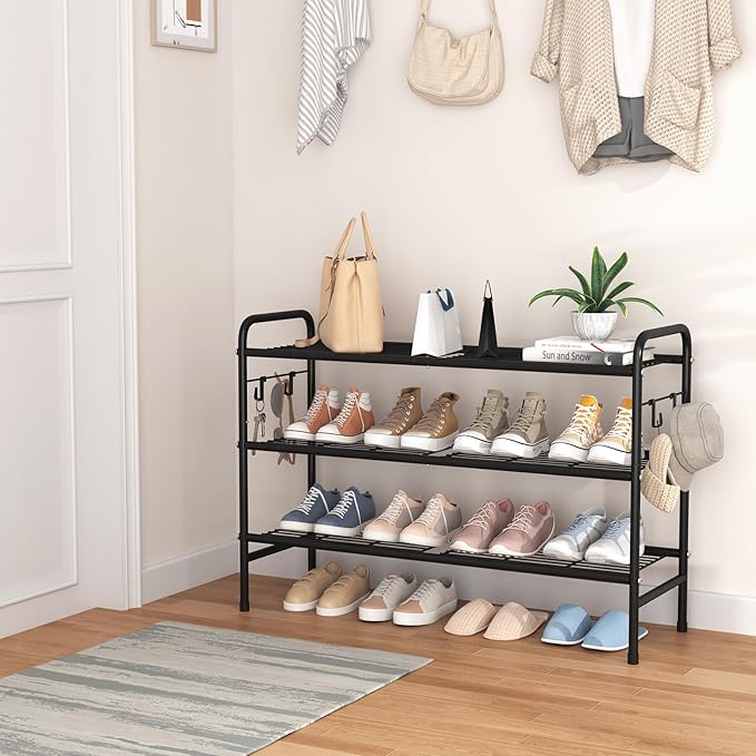 VILICK 3 Tier Shoe Rack 33" Wide Metal Shoe Organizer Long Shoe Storage with 4 Side Hooks Sturdy Shoes Shelf for Front Door Entrance, Closet, Garage, Dorm, Black - Image 2