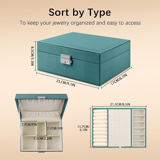 Homeanda Jewelry box 2 layer Jewelry box Leather Jewelry boxes for Women Girls Teens Jewelry organizer box Jewelry Storage box with lock(Green) - Image 3