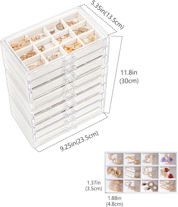 Lolalet Earring Holder Organizer Box Jewelry Storage with 9 Drawers, Clear Acrylic Stackable Earring Case with Adjustable Velvet Trays for Women on Dresser Vanity -Warmwhite, 9 Layers - Image 5