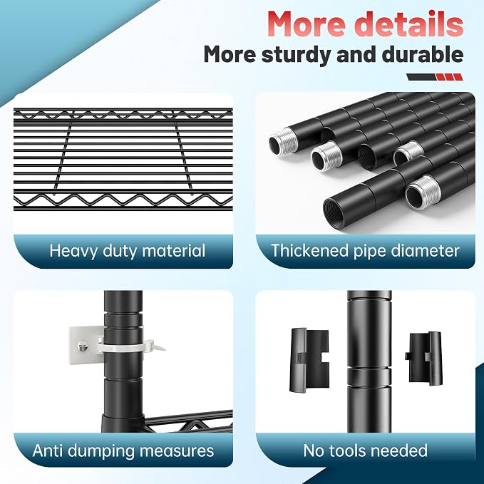 Romorgniz 82"H X45"W X18"D Storage Shelves with Wheels, 6 Tier Wire Shelving Adjustable Metal Shelving Pantry Shelves Capacity 1200LBS for Garage Shelving, Pantry, Kitchen, Closet, Commercial, Black - Image 8