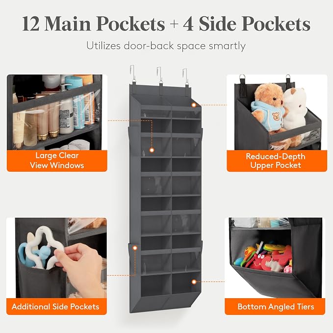 Lifewit 1 Pack Over the Door Organizer, 12 Section Clear Window Hanging Storage with 4 Side Pockets, Sturdy Anti Tilt 40 lbs Load Behind Door for Closet, Bedroom, Bathroom, Nursery, Dorm, Gray - Image 3
