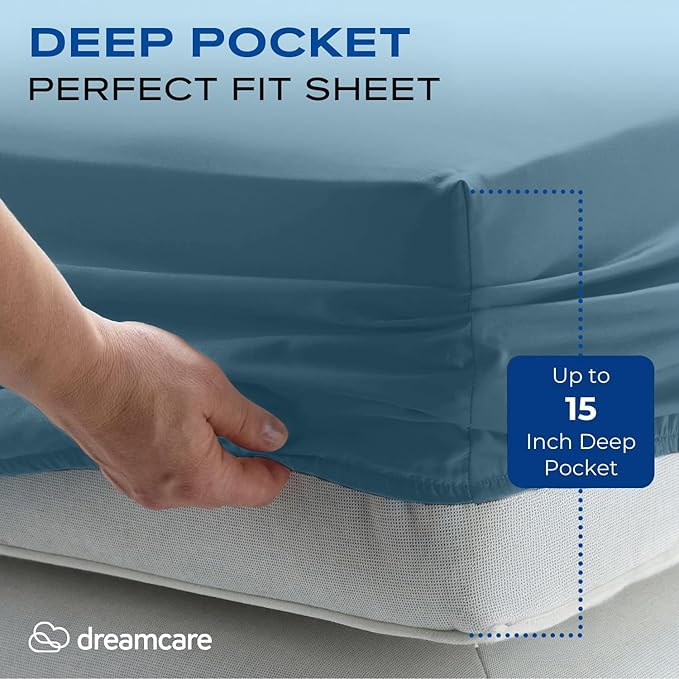 DREAMCARE Twin XL Sheet Sets - 4 pcs Breathable Cooling Bed Sheets - up to 15" Deep Pocket Twin XL Sheets Set with Side Pockets - Extra Soft 100% Brushed Hypoallergenic Hotel Luxury Bedding Mnrl Blue