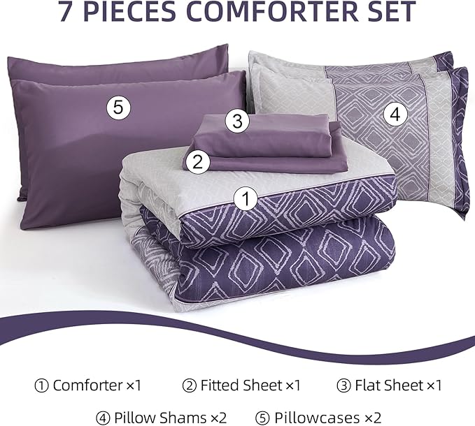 Dinjoy Boho Queen Comforter Set Purple,7 Piece Bed in a Bag Queen Size Breathable Summer Bedding Sets Plaid Striped Comforters Bed Set with Sheets for Family All Season