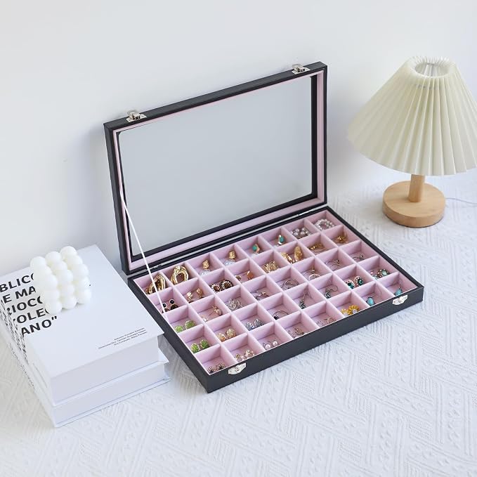 Stratalife Jewelry Organizer 40 Grid Pink Black Jewelry Tray with Clear Dust-proof Lid Velvet Earring Organizer Necklace Rings Holder Display Drawer Storage Case for Women - Image 5