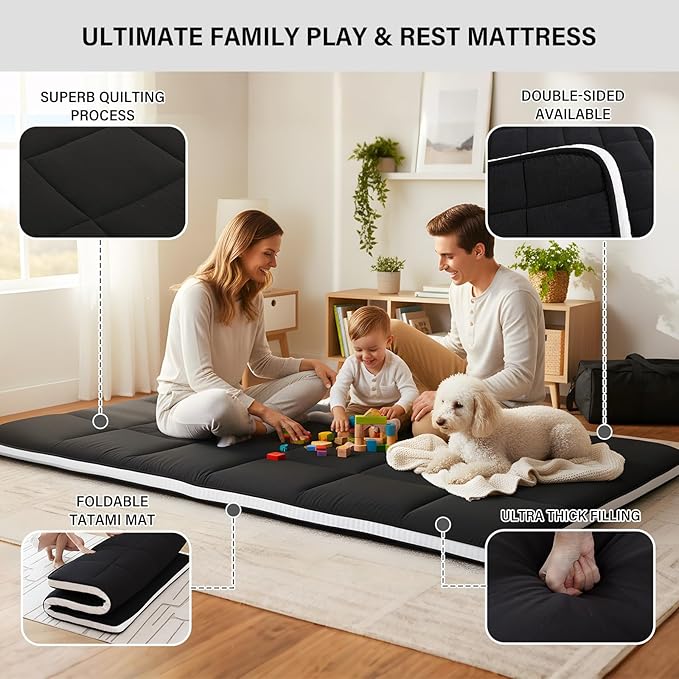 Tiita Floor Mattress Memory Foam Mattress Topper, 4" Thicken Futon Mattress with Storage Bag and 2 Straps, Portable Roll Up Travel Car Camping Mattress Sleeping Pad Full Size, Black