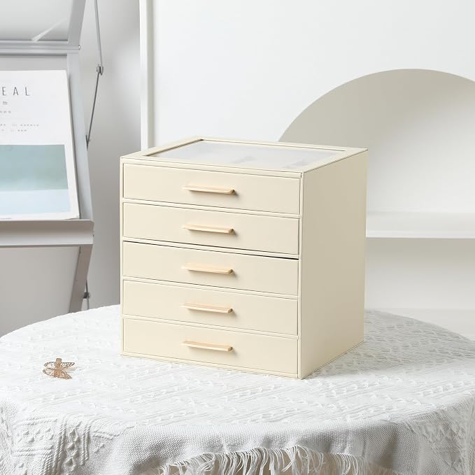 Frebeauty Clear Lid Jewelry Box,5-Layer Jewelry Organizer with Drawer,PU Leather Jewelry Organizers and Storage,Jewelry Boxes for Women,Jewelry Storage for Rings Earring Stud,Gift for Women(Beige) - Image 6