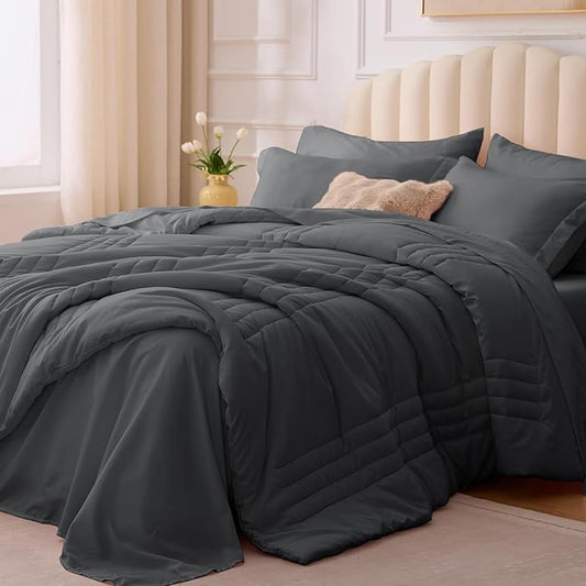 Twin Comforter Set Dark Grey - Bed in a Bag Twin Size 5 Pieces, Soft Bedding Set for All Seasons, Premium College Dorm Comforter Set with Comforter, 1 Sheet, 1 Pillowcase & 1 Sham