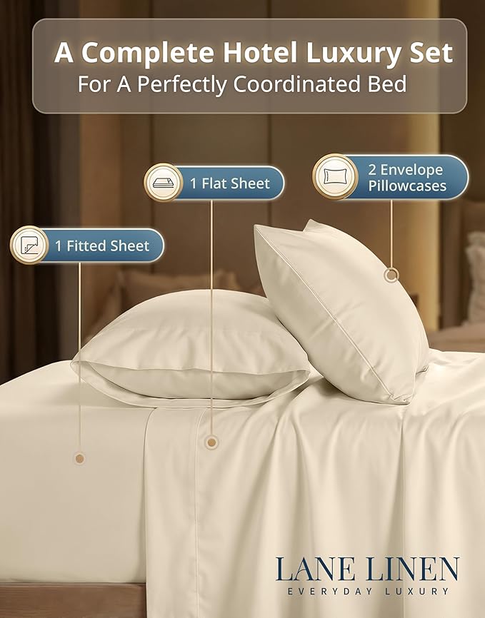 LANE LINEN 100% Cotton Full Size Sheet & Pillowcase Sets - 600TC Sateen Weave - Extra Soft & Comfortable Bedding for Everyday Use - Snugly Fits Mattress Upto 15'' Deep - Oeko TEX Certified - Ivory