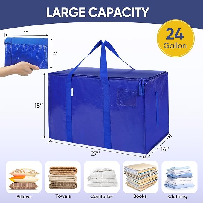 TICONN 6 Pack Extra Large Moving Bags Heavy Duty with Zippers & Carrying Handles, Durable Storage Bags Moving Boxes for Closet Organizers and Storage (6 Pack, Blue) - Image 5