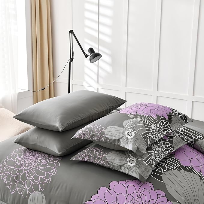 Yiran Full Comforter Set -7 Pieces Purple Grey Floral Comforter Set for All Seasons,Bed in a Bag Full Flowers Comforter with Flat Sheet Fitted Sheet Pillowshams Pillowcases