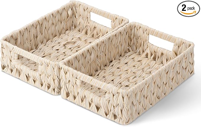 GRANNY SAYS Wicker Baskets for Organizing, Storage Basket for Shelves, Shelf Baskets with Handles, Waterproof Woven Basket for Living Room, Rectangular Baskets for Entryway, 2-Pack by GRANNYSAYS