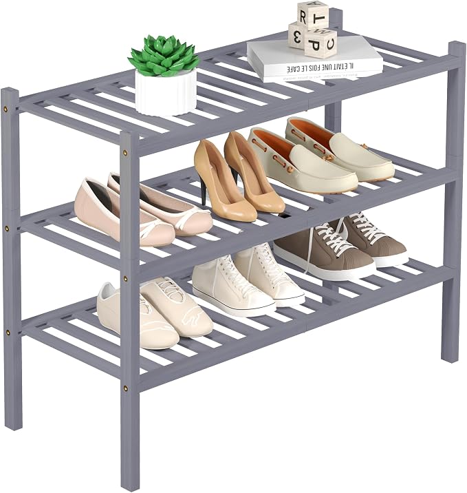 ROMGUAR CRAFT 3 Tier Bamboo Shoe Rack for Closet Free Standing Wood Shoe Shelf Storage Organizer for Entryway Small Space Stackable 27"x11"x20" (Grey) by ROMGUAR+CRAFT