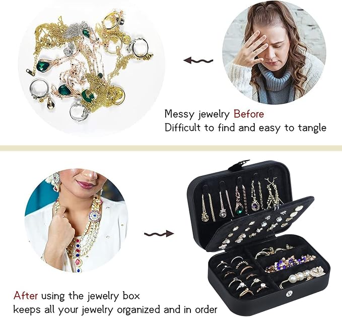 Hatori Travel Jewelry Box, PU Leather Small Jewelry Organizer for Women Girls, Portable Mini Travel Case Display Storage Holder Boxes for Stud Earrings, Rings, Necklaces, Bracelets (Black02) - Image 6