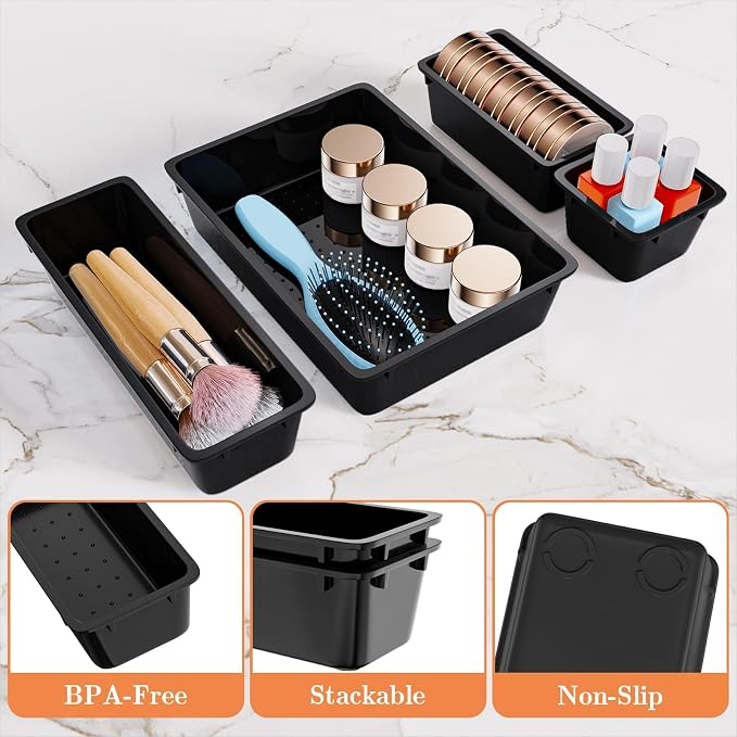 SpaceHacks 25 PCS Plastic Drawer Organizer Set, 4-Size Versatile Organizer Trays & Storage Bins for Makeup, Jewelry, and Gadgets in Bathroom, Bedroom and Office, Black - Image 3