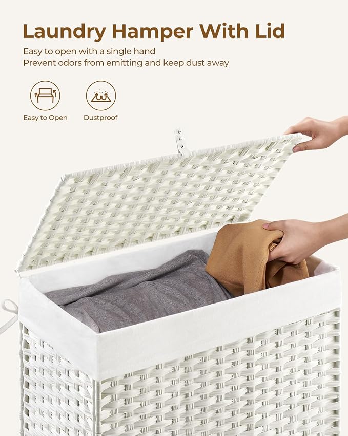 Greenstell Laundry Hamper with Lid, 125L Laundry Basket with 2 Removable Liner Bags & 2 Mesh Bags, Handwoven Synthetic Rattan Clothes Hamper for Clothes, Toys in Bathroom, Bedroom, Foldable, White - Image 5