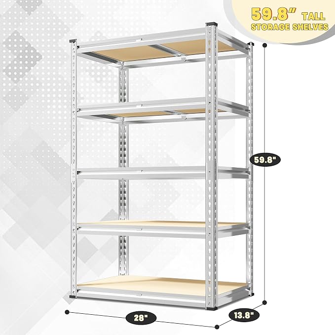 REIBII 2000LBS Storage Shelves 5 Tier Garage Shelving Heavy Duty Metal Shelving Adjustable Garage Shelves for Pantry Closet Kitchen Basement 28" W x 13.8" D x 59.8" H, Silver - Image 3