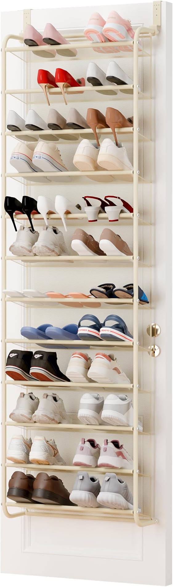 Whitmor 36 Pair Over The Door Shoe Organizer, 12 Tier Hanging Shoe Organizer, Heavy Duty Metal & Mesh Shoe Holder, Hanging Shoe Rack for Closet Organizer & Storage, 69"L x 21.7"W x 7.5"H, Beige - Image 7