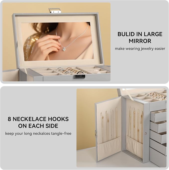 Frebeauty Large Jewelry Box,6-Tier PU Leather Jewelry Organizer,Multi-functional Storage Case with Mirror,Accessories Holder with 5 Drawers for Necklace Bracelets Watches(Grey) - Image 5