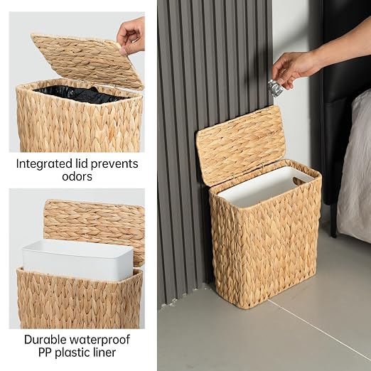Coeusy 3 Gallon Wicker Trash Can,Small Bathroom Trash Can with Lid,Natural Water Hyacinth Wicker Waste Basket for Bedroom,Toilet,Narrow Garbage Can with Removable Liner - Image 2