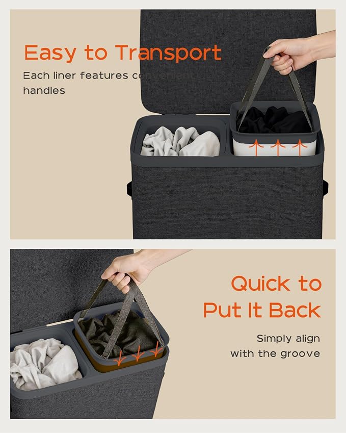 CASAMAYA Laundry Basket with Lid, Laundry Hamper 2 Section, 170L collapsible Laundry Organizer, Easy Assembly, with Handles and Removable Liners, 22 x 15.7 x 29.5 Inches, Black JSP903B - Image 4