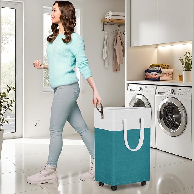 HomeHacks 90L Large Rolling Laundry Basket, Laundry Hamper with 4 Smooth Wheels, Collapsible Waterproof Clothes Basket, Freestanding Hamper with Handles for Bedroom/Dorm/Laundry Room (Green) - Image 4