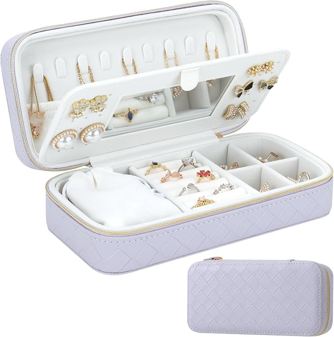DesignSter Travel Jewelry Case, Woven Embossed PU Leather Jewelry Organizer with Mirror, Small Portable Jewelry Box for Women Rings Necklaces Bracelets Earrings by DesignSter