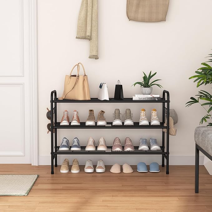 VILICK 3 Tier Shoe Rack 33" Wide Metal Shoe Organizer Long Shoe Storage with 4 Side Hooks Sturdy Shoes Shelf for Front Door Entrance, Closet, Garage, Dorm, Black - Image 7