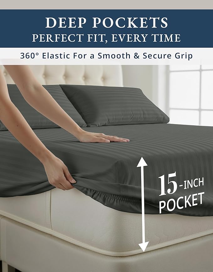 LANE LINEN 100% Egyptian Cotton King Sheets Set, Soft & Comfy Sateen Weave Mercerized Cotton Sheets King, Fully Elasticized Reinforced French Seam Fitted King Bed Sheets Damask Stripe – Dark Grey