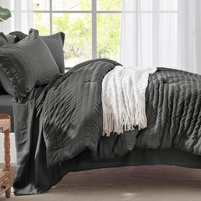 Zzlpp Twin Comforter Set 5 pieces, Dark Grey Seersucker Bed in a Bag with Comforter and Sheets, All Season Bedding Sets with 1 Comforter, 1 Pillow Sham, 1 Pillowcase, 1 Flat Sheet, 1 Fitted Sheet