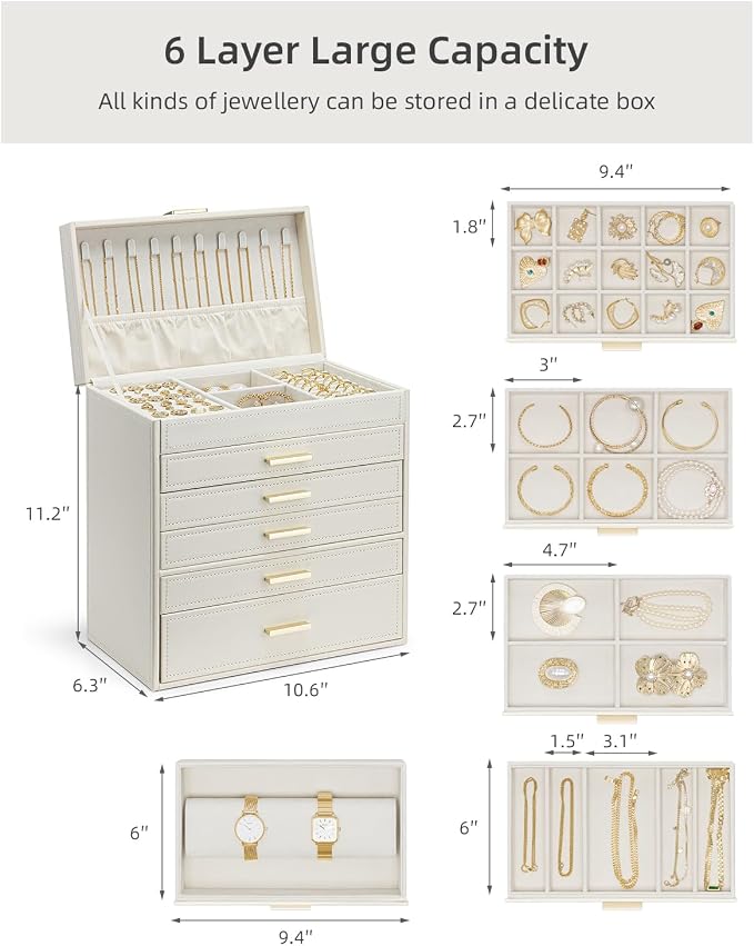 VLANDO 6 Layer Large Jewelry Box - Jewelry Holder Organizer, Jewelry Box Organizer for Drawer Necklace Ring Bracelet and Watch, Birthday Gift for Loved Ones - Beige - Image 3