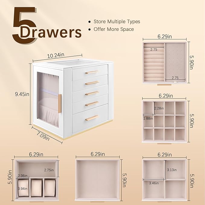 Homeanda Jewelry Box for Women with Glass Lid, 5 Drawers Jewelry Organizer and Storage for Necklaces, Rings, Earrings, Bracelets, Gift for Girls and Teens,PU Leather (White) - Image 3