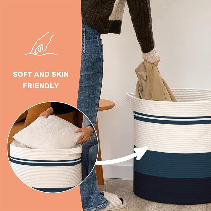 OIAHOMY 80L Laundry Baskets Hamper with Handles,Decorative Basket for Living room,Woven Storage Basket for Toys Bin,Pillows, Blankets,Clothes-20x18in-Gradient Blue - Image 6