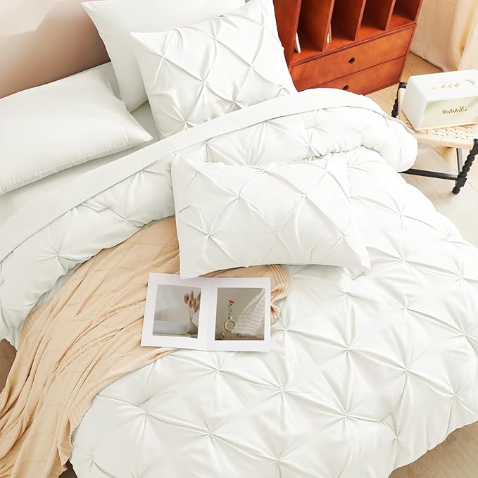 CozyLux Full Size Comforter Sets Ivory, 7 Pieces Pintuck Bed in A Bag Ivory Comforter Full Size, Pinch Pleat Bedding Sets with All Season Comforter, Sheets, Pillowcases & Shams