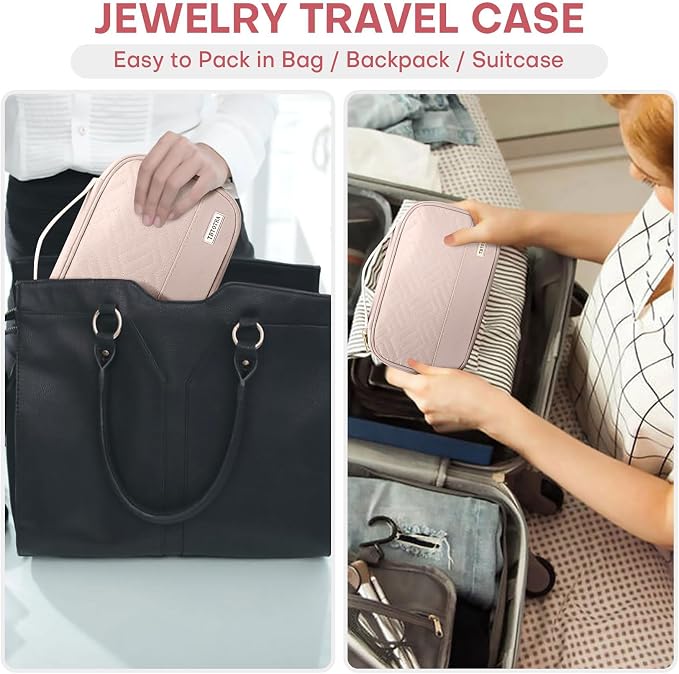 Jewelry Travel Case Organizer for Necklaces, Earrings, Rings, Bracelet, Watch, Soft Sided, Pink - Image 5