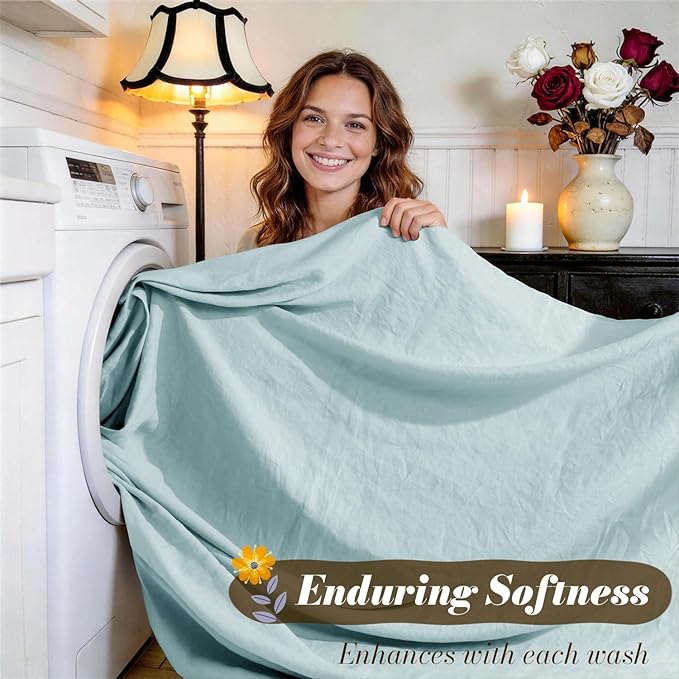 SONORO KATE 100% French Pure Linen Sheets, Breathable and Durable Linen King Size Sheets, Anti-Tear Linen Bed Sheets, Machine Washable, 16 Inch Deep Pocket - 4 Piece (Ocean, King)
