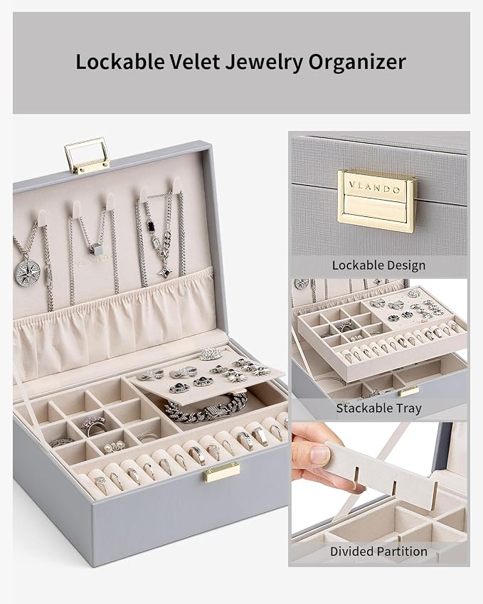 VLANDO 2 Layer Jewelry Box Large Jewelry Organizer for Women Removable Jewelery Tray for Necklace Earrings Rings Bracelets Jewelry Boxes Christmas Birthday Gifts for Women(Grey) - Image 3